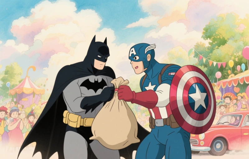 Batman en Captain America vangen zakkenrollers tijdens carnaval