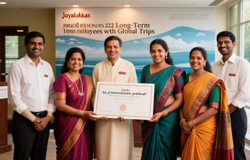 Visual representation of Joyalukkas Honors 222 Long-Term Employees with Global Trips