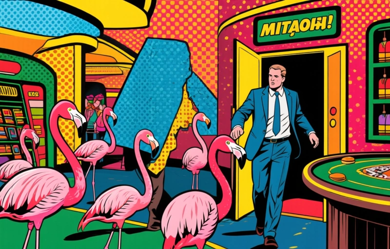 Visuaalinen esitys aiheesta Flamingovaras pakoilee oikeutta Vegasissa
