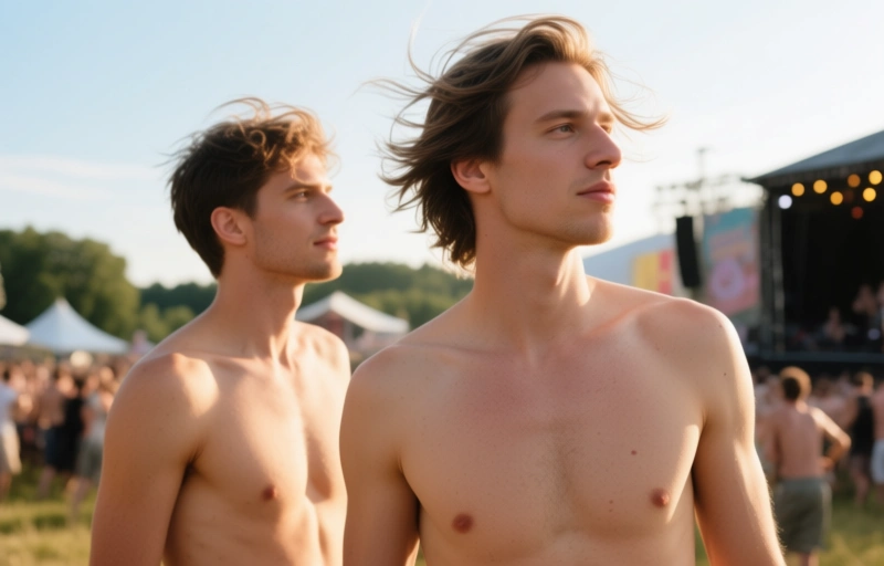 Visuelle Darstellung von Nackte Männer draußen genießen – Festivalvorspiel