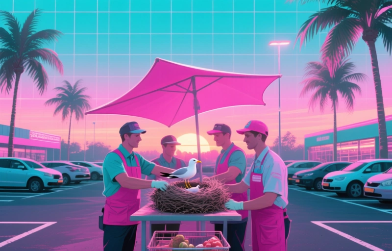 Supermarktpersoneel maakt zonnescherm voor meeuwennest op parkeerplaats
