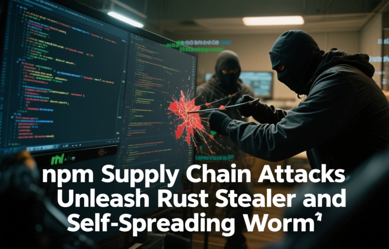 Visual representation of npm Supply Chain Attacks Unleash Rust Stealer and Self-Spreading Worm