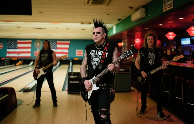 Visuelle Darstellung von Jim Powers' Punkband Killroy rockt am Feiertagswochenende in der Bowlingbahn