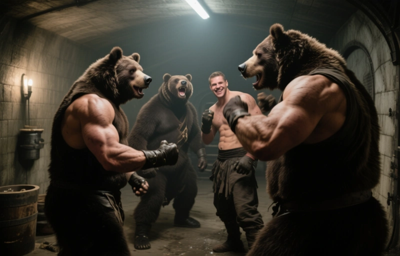 Intensive Begegnung: Muskelbären im Dungeon