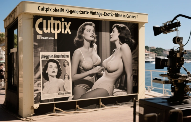 Visuelle Darstellung von Cultpix zeigt KI-generierte Vintage-Erotikfilme in Cannes