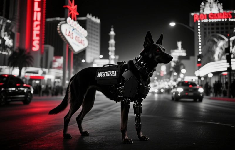 Roboter-Sicherheitshund patrouilliert auf dem Las Vegas Strip